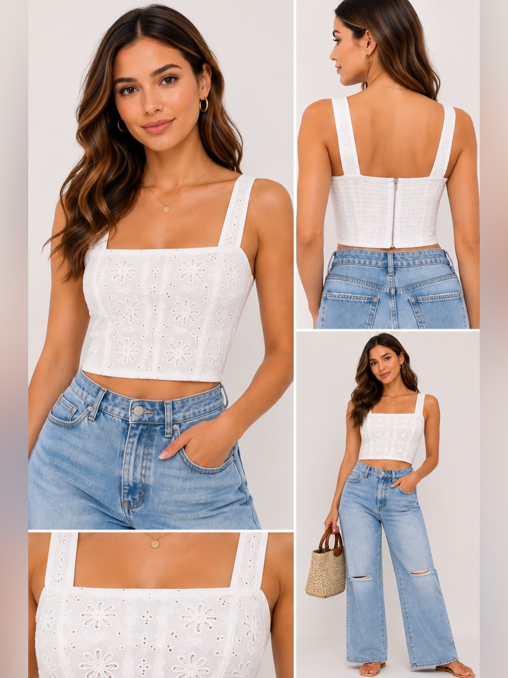 En Saison White Floral Eyelet Square Neck Corset Crop Top NWT Size S